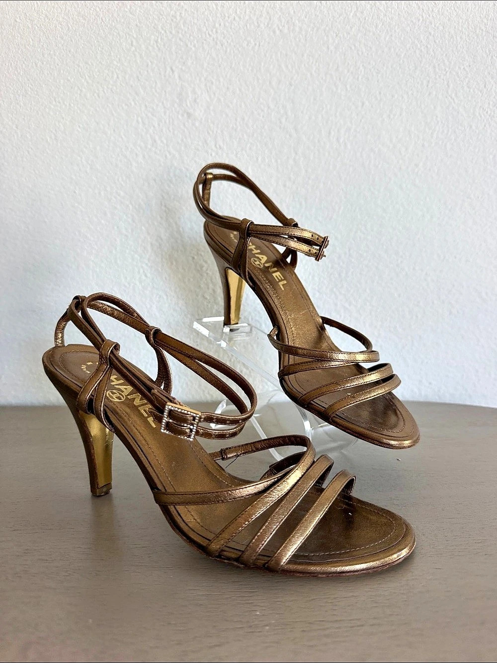 Chanel Metallic Lambskin Crystal CC Strappy Sandal Brown EU 36